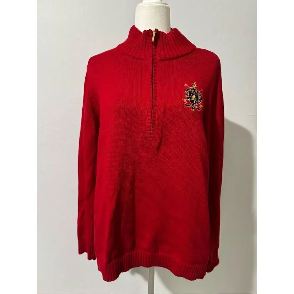 Lauren Ralph Lauren 1X red cotton sweater mock neck crest detail